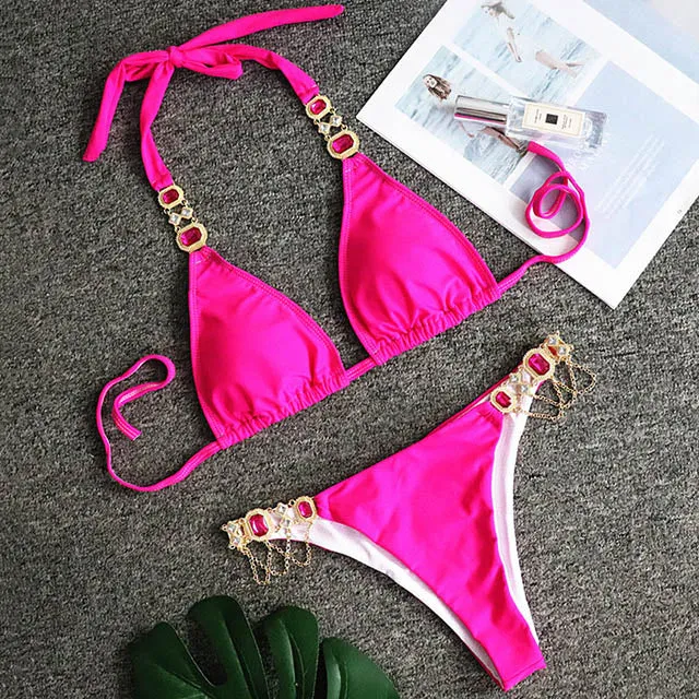 Women  Crystal Diamond Bikini Set Metal Chain Swimwear