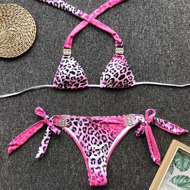 Women  Crystal Diamond Bikini Set Metal Chain Swimwear