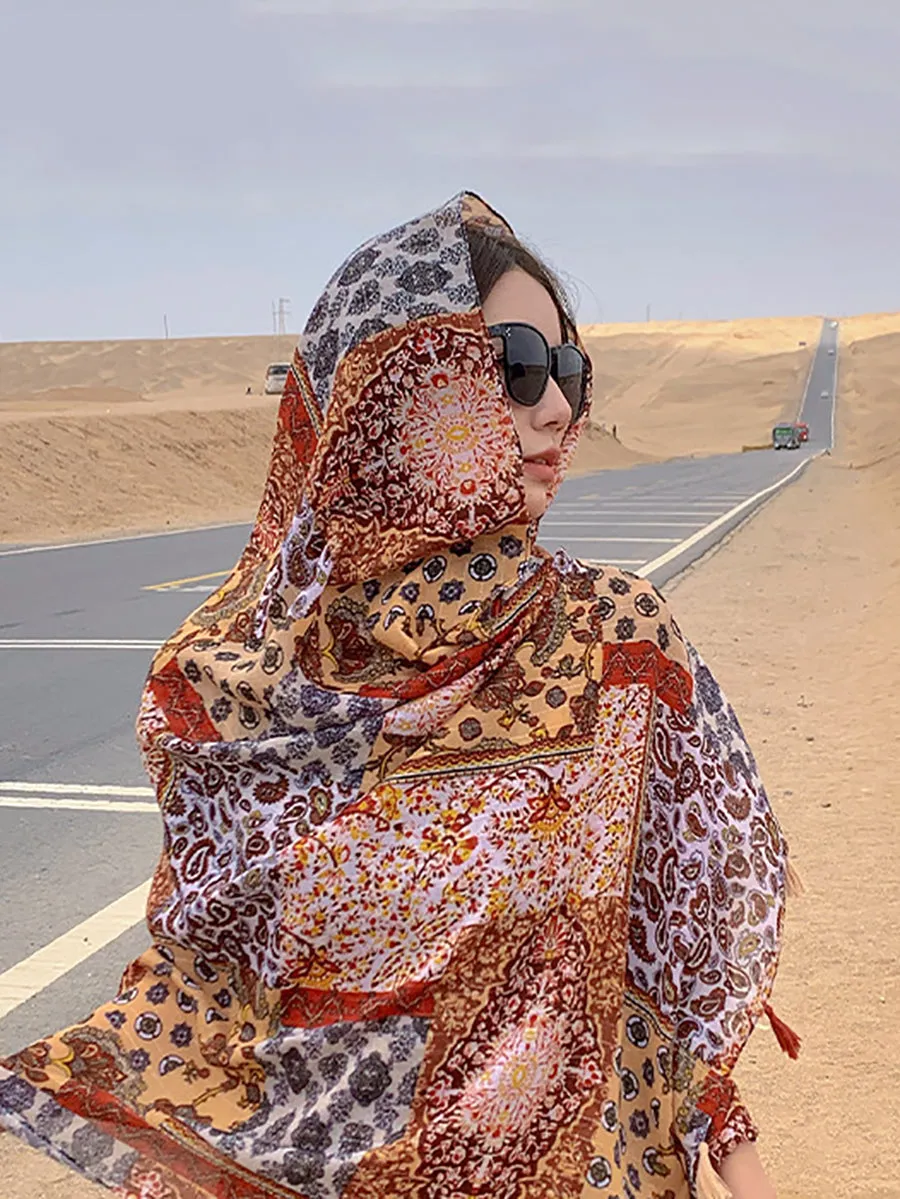 Women Ethnic Floral Spliced Tassel Shawl Scarf