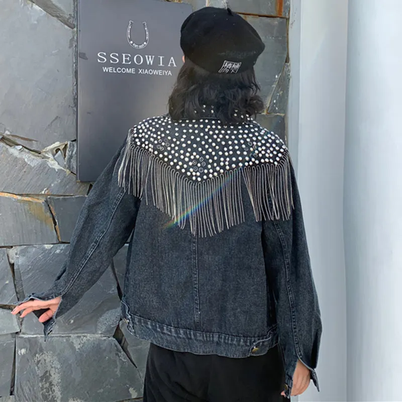 Women Hand-studded Rivet Tassel Chain Short Jeans Jacket