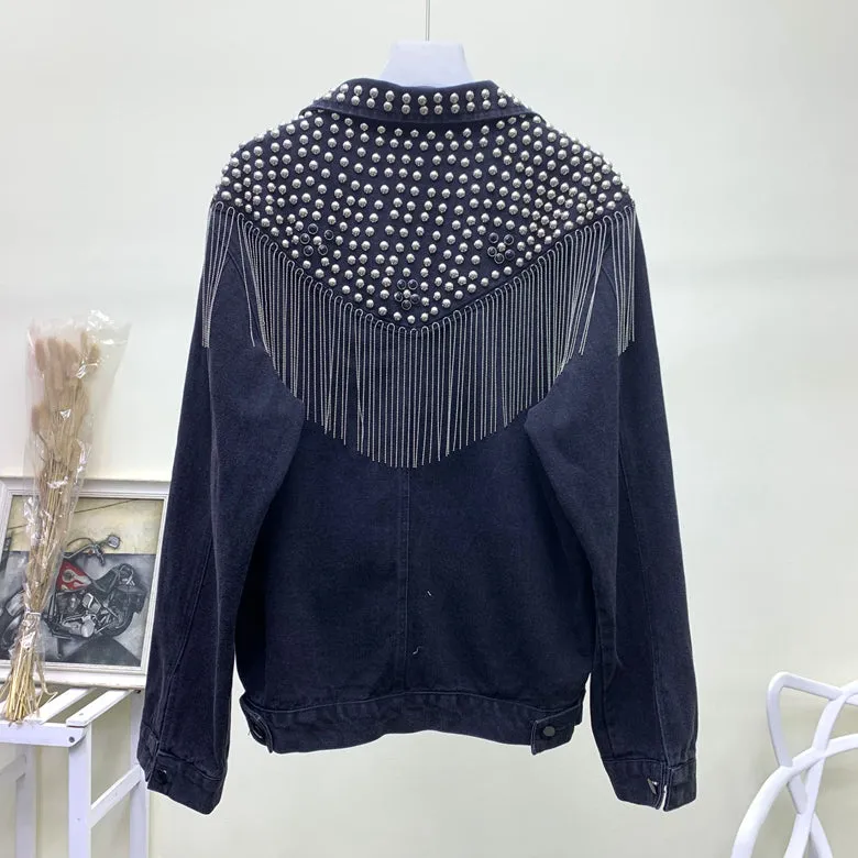 Women Hand-studded Rivet Tassel Chain Short Jeans Jacket
