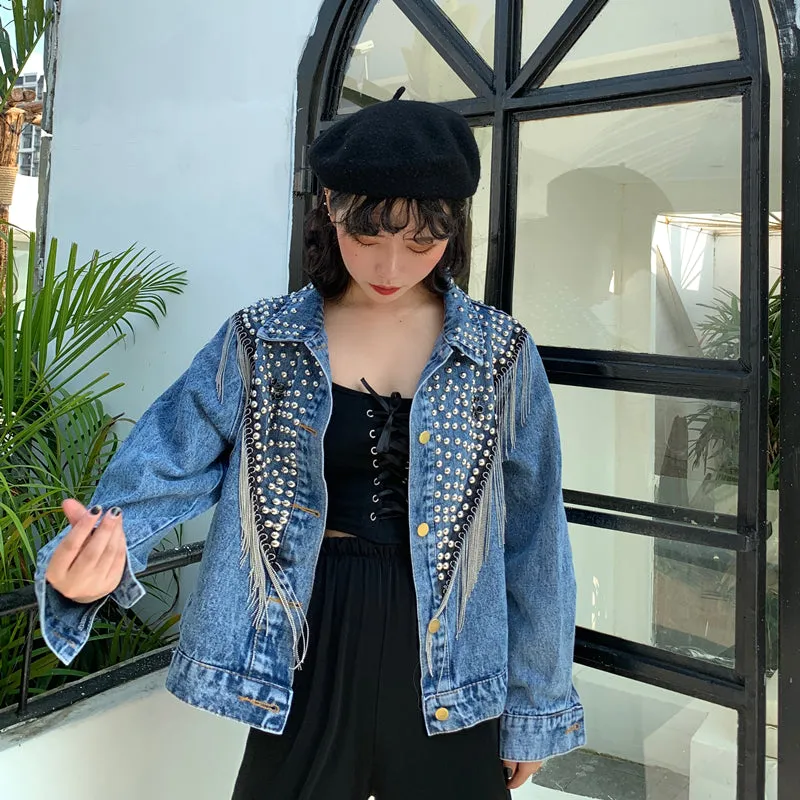 Women Hand-studded Rivet Tassel Chain Short Jeans Jacket