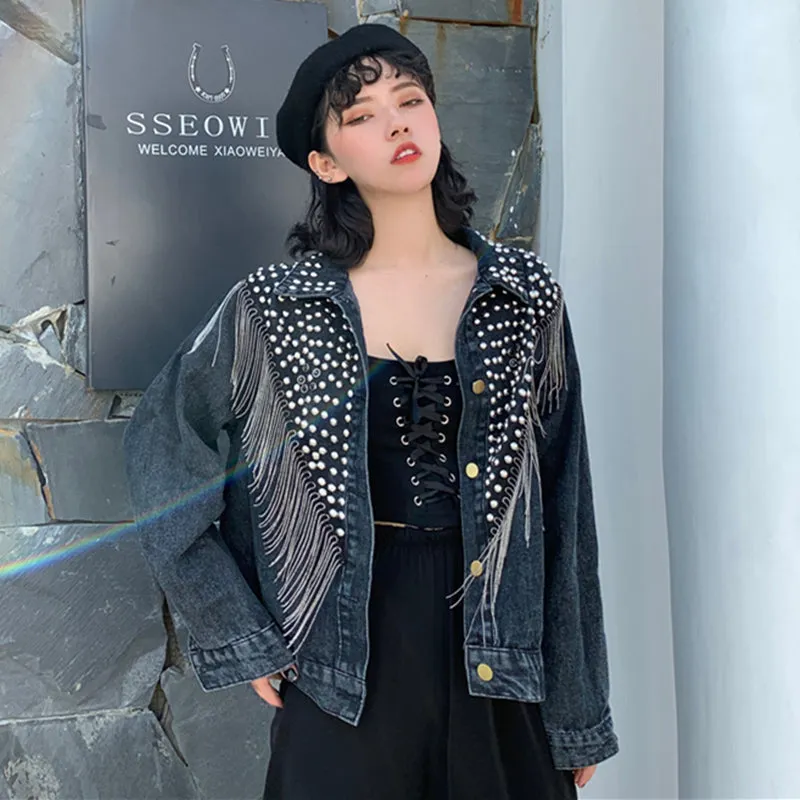 Women Hand-studded Rivet Tassel Chain Short Jeans Jacket