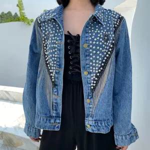 Women Hand-studded Rivet Tassel Chain Short Jeans Jacket