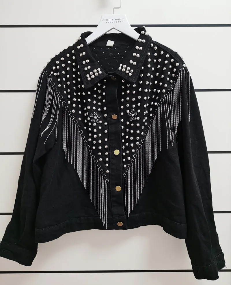 Women Hand-studded Rivet Tassel Chain Short Jeans Jacket
