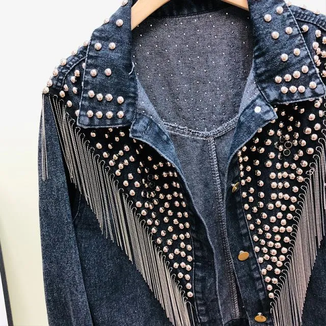 Women Hand-studded Rivet Tassel Chain Short Jeans Jacket