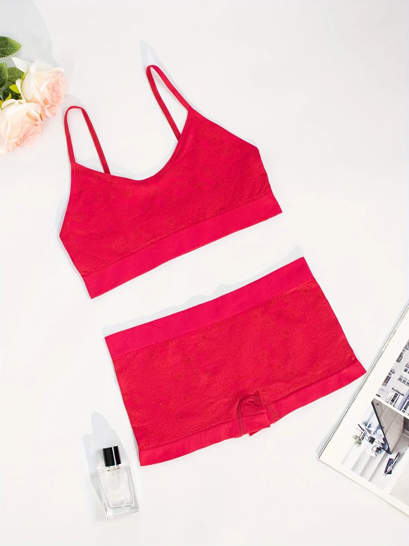 Women's Red Heart Pattern Knitwear Set - Spaghetti Strap Bra & Low-Rise Panties, Bohemian Style, Cotton Lining