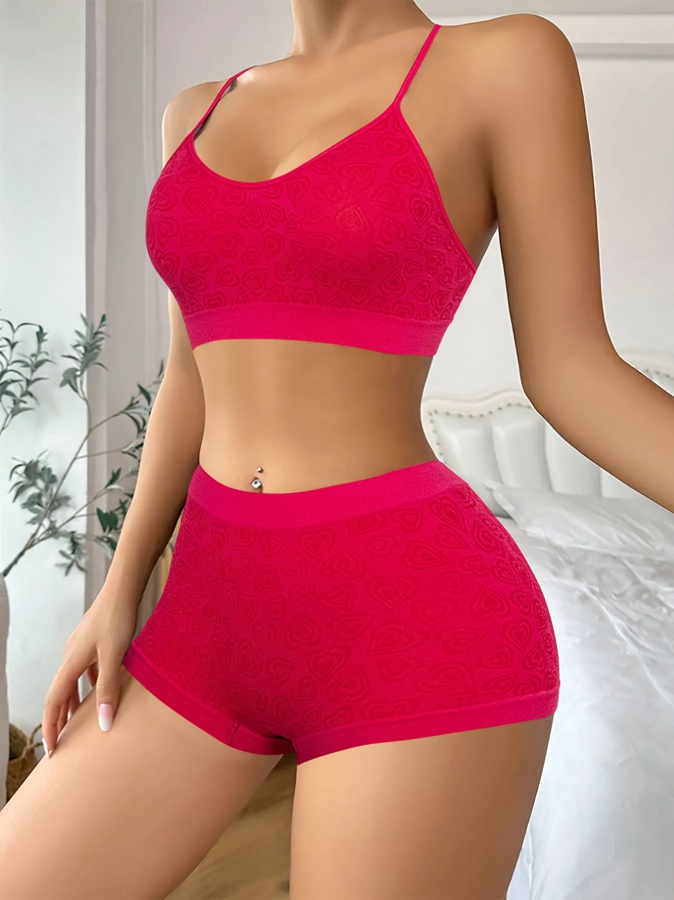 Women's Red Heart Pattern Knitwear Set - Spaghetti Strap Bra & Low-Rise Panties, Bohemian Style, Cotton Lining