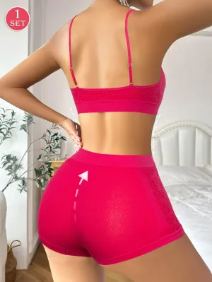Women's Red Heart Pattern Knitwear Set - Spaghetti Strap Bra & Low-Rise Panties, Bohemian Style, Cotton Lining