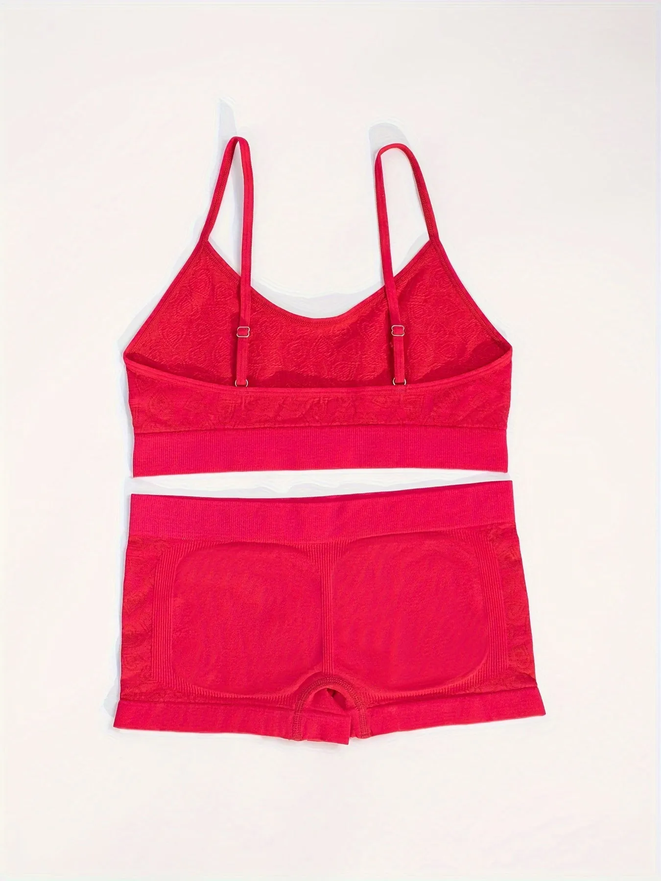 Women's Red Heart Pattern Knitwear Set - Spaghetti Strap Bra & Low-Rise Panties, Bohemian Style, Cotton Lining