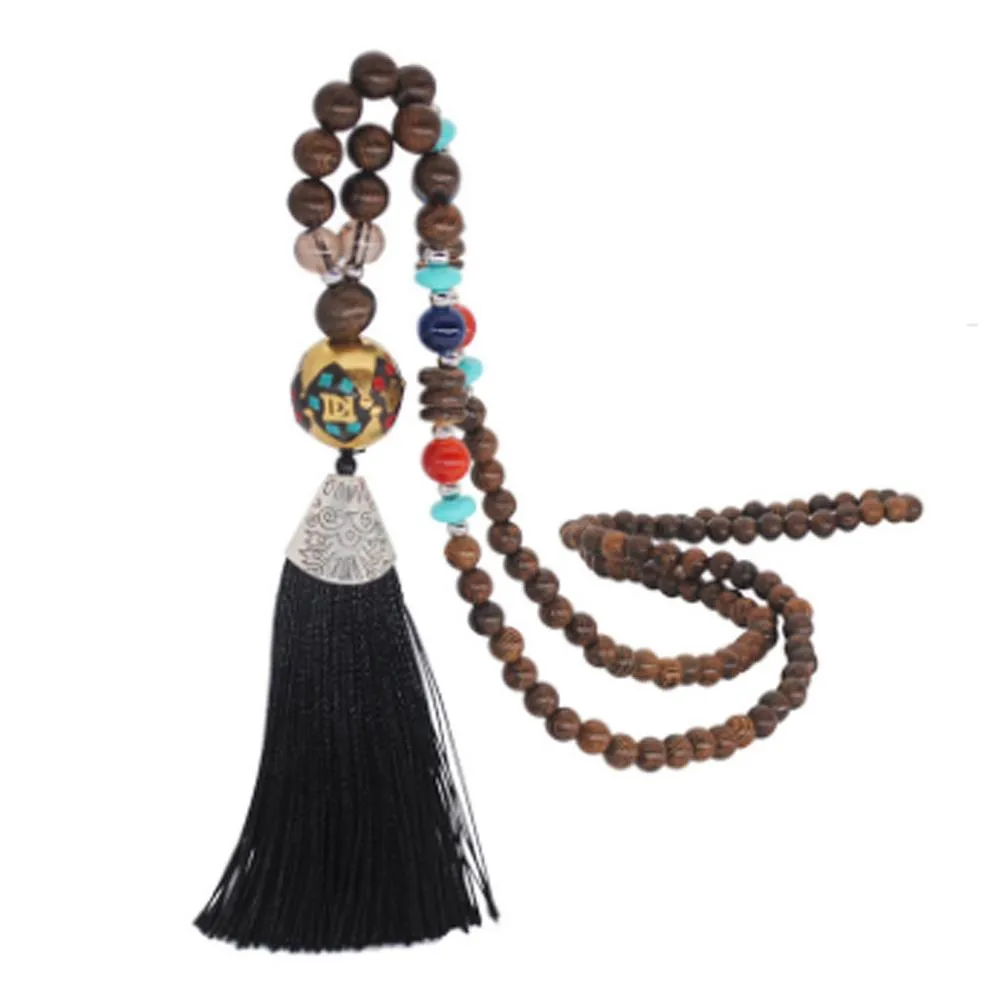 Women's Retro Ethnic Style Handmade Beaded Pendant Necklace - Black Tassel