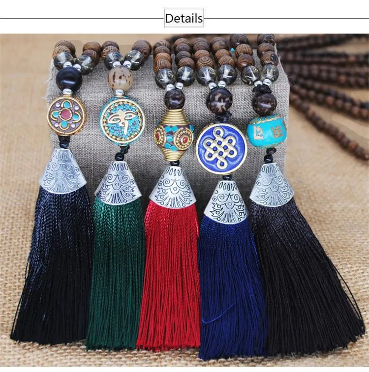 Women's Retro Ethnic Style Handmade Beaded Pendant Necklace - Black Tassel