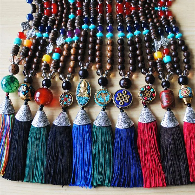 Women's Retro Ethnic Style Handmade Beaded Pendant Necklace - Black Tassel