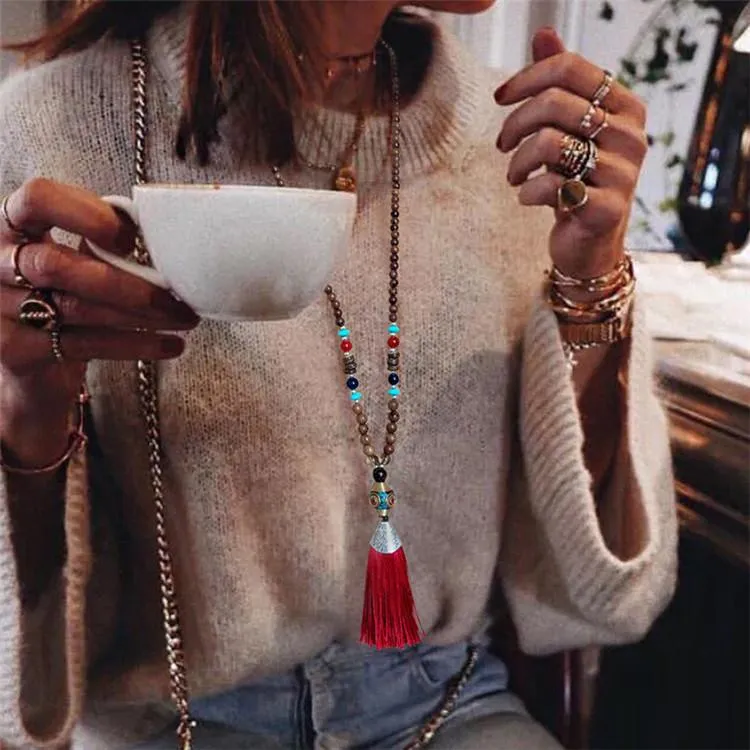 Women's Retro Ethnic Style Handmade Beaded Pendant Necklace - Red Tassel