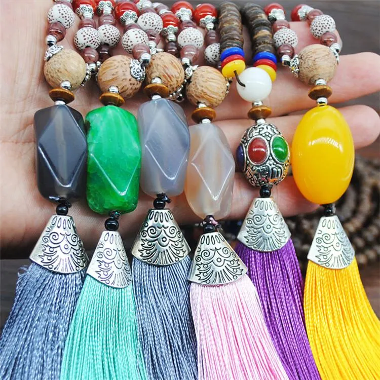 Women's Retro Ethnic Style Handmade Beaded Pendant Necklace - Yellow Tassel