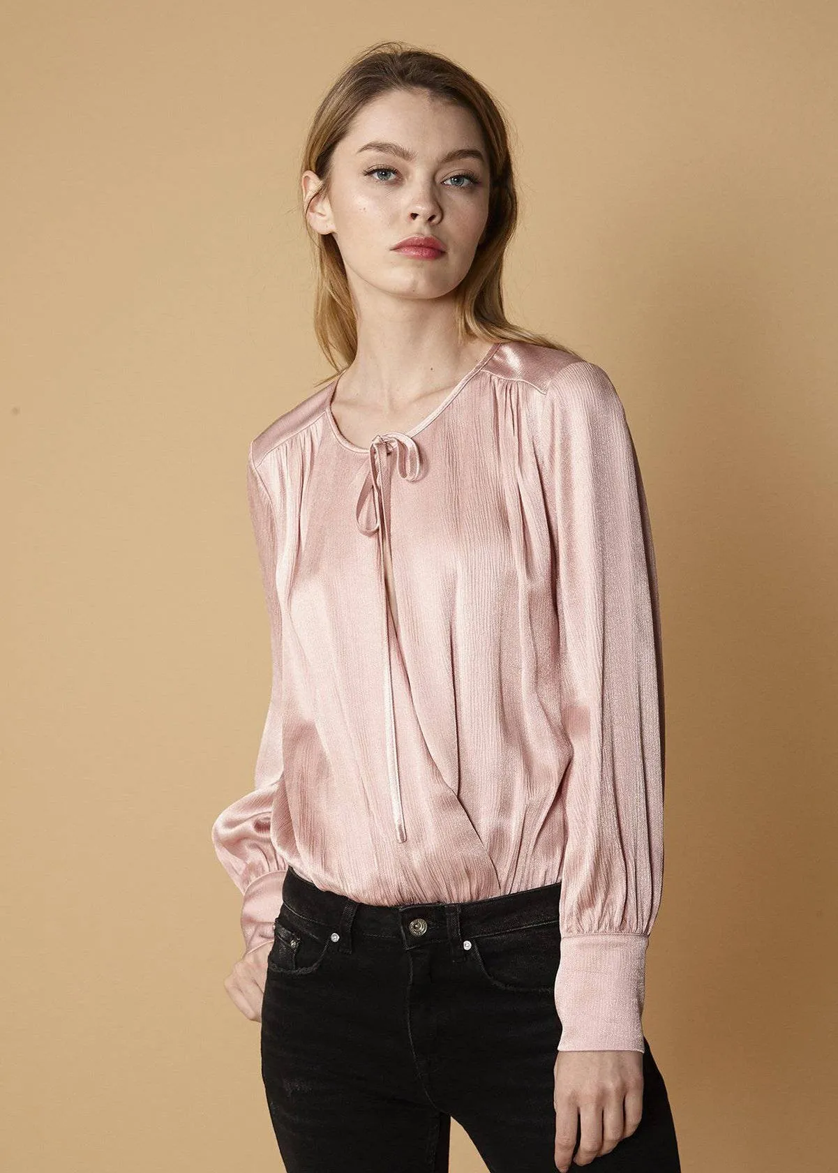 Women's Tie-Neck Long Sleeve Bodysuit in Fall Pink
