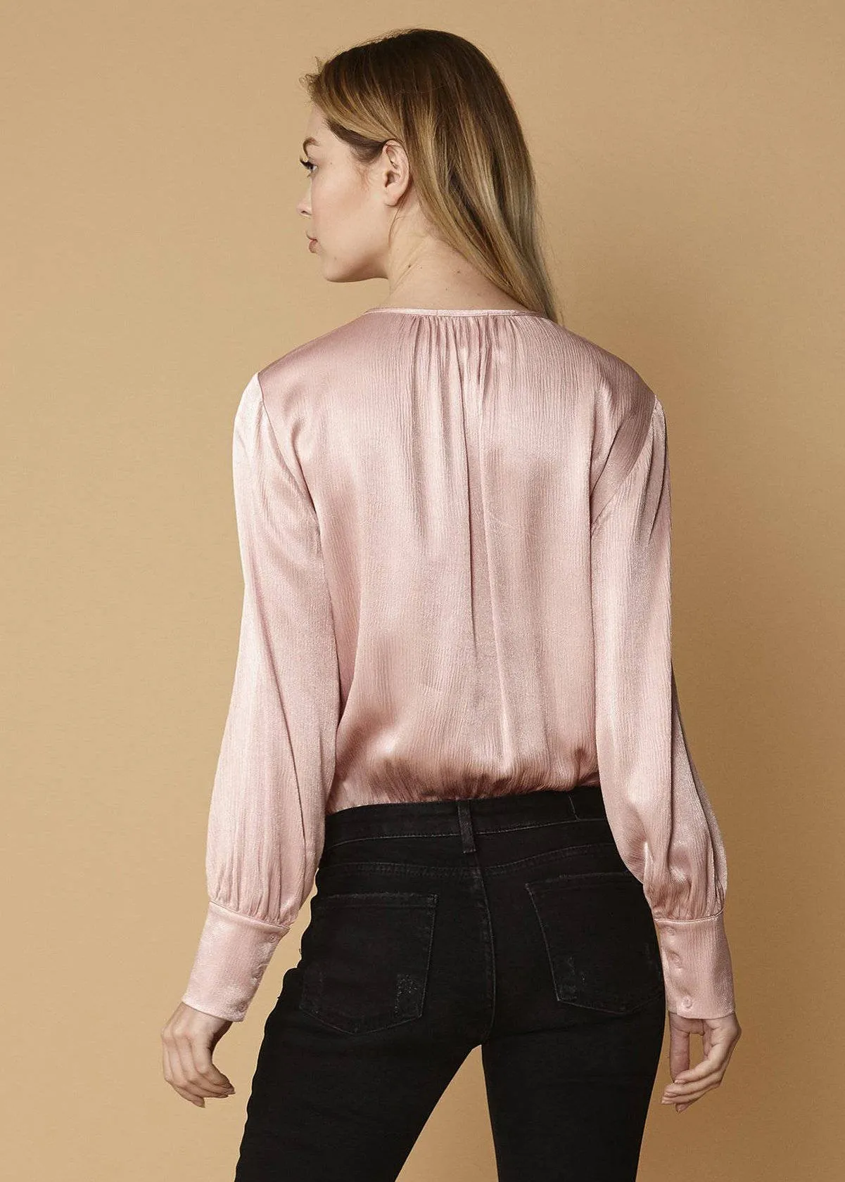 Women's Tie-Neck Long Sleeve Bodysuit in Fall Pink
