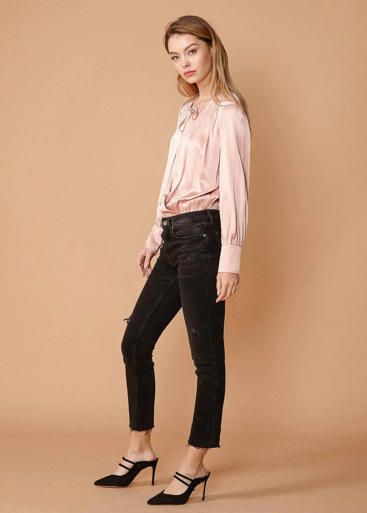 Women's Tie-Neck Long Sleeve Bodysuit in Fall Pink