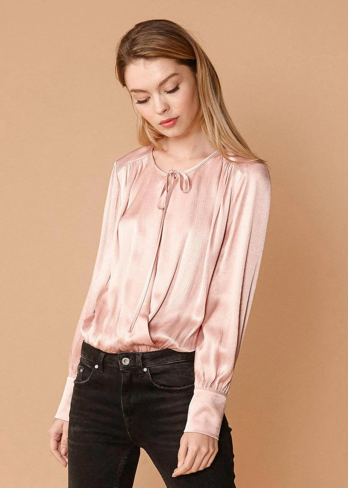Women's Tie-Neck Long Sleeve Bodysuit in Fall Pink