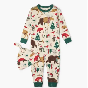 Woodland Winter Baby Coverall Set with Hat